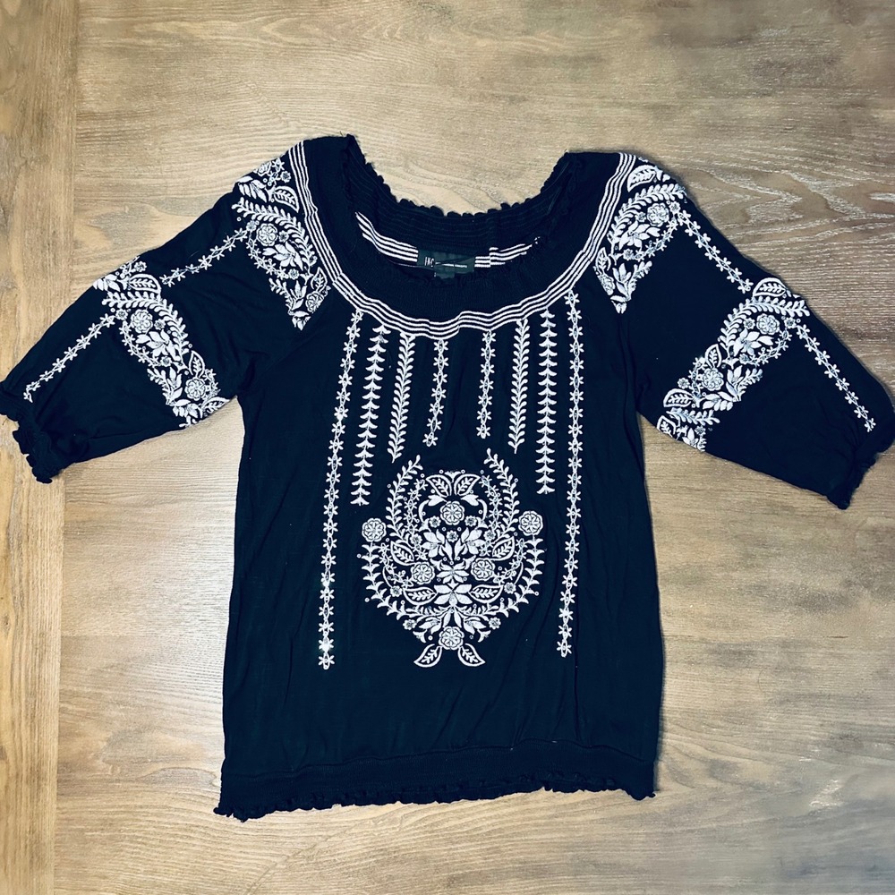 INC‎ International Concepts Black Sequin Embroidered 3/4 Sleeve Top Size L
